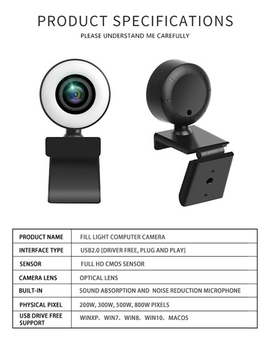 Webcam 1080p Con Luz Ajustable.micrófonos Reductores De Ru