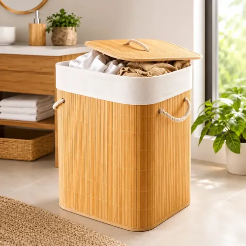 Cesto para Roupa Suja Dobrável  de  Bambu 72L com Tampa e Forro Removível!