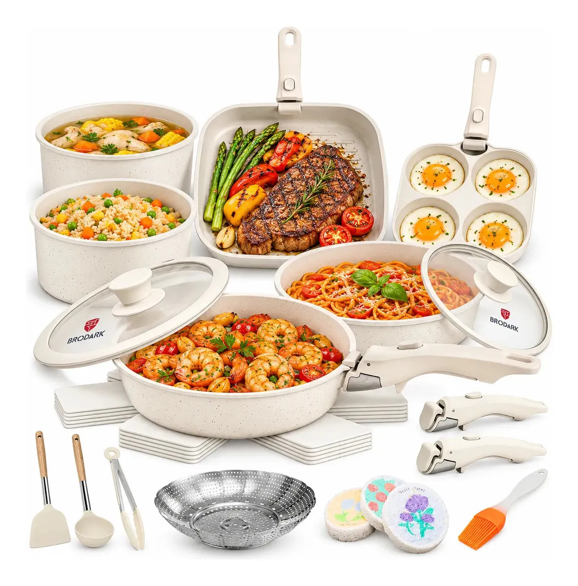 Brodark 25 Piezas Juego De Sartenes Antiadherentes Batería De Cocina Ollas Antiadherentes Sartenes Wok Gruesa, Para Induccion Horno Y Gas, Con Vaporeras Mangos Desmontables Y Tapas