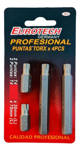 Set Juego De Puntas Torx 4 Piezas T30 Y T40 Eurotech