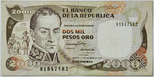 Billete 2000 Pesos 17/dic/1990 Colombia Vf