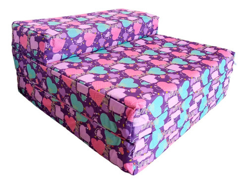 Imagen 2 de 8 de Sofá Cama Infantil Plegable, Colchoneta Con Soporte Firmé Color Rosa Corazones