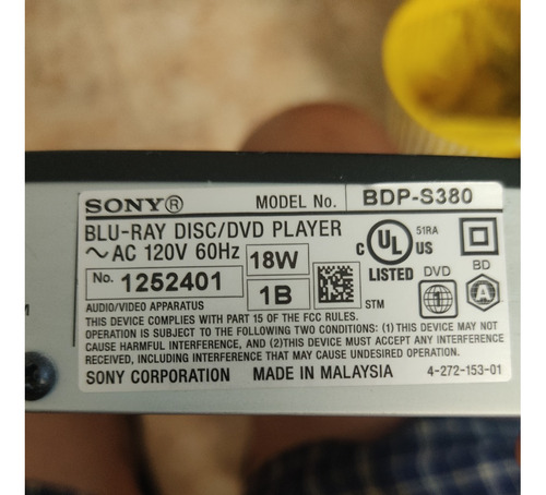 Bluray Disc/dvd Player Sony Modelo Bdp-s380 18 Watios 120 Ac