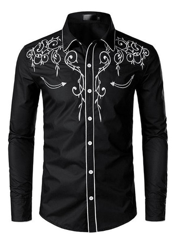 Western Vaquero Polera Hombres Marca Diseño Bordado Slim Fi