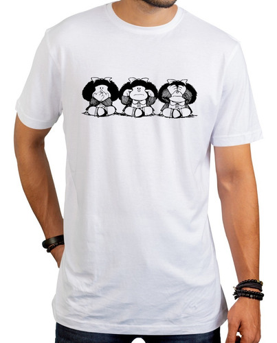 Imagen 2 de 6 de Remera Blanca Mafalda 3 Monos Sabios Hombre Mujer Niños