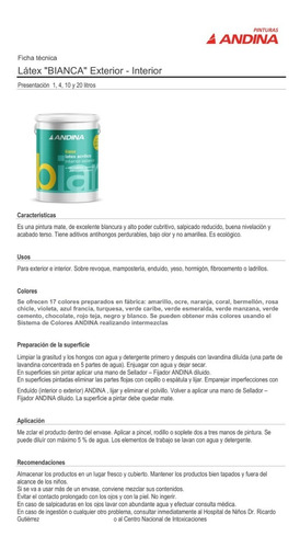 Pintura Latex Interior Exterior Andina Bianca X 1 Lts Blanco