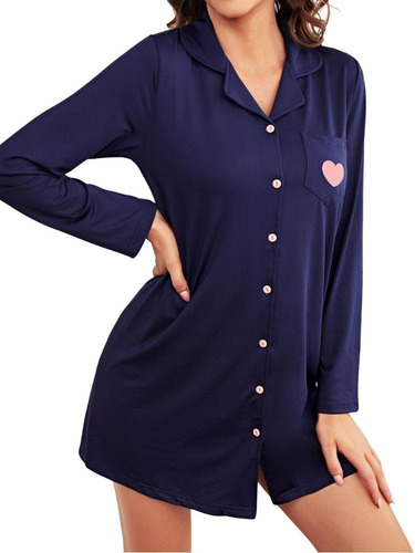 Vestido De Pijama De Mujer Con Botones Y Mangas Largas Con C