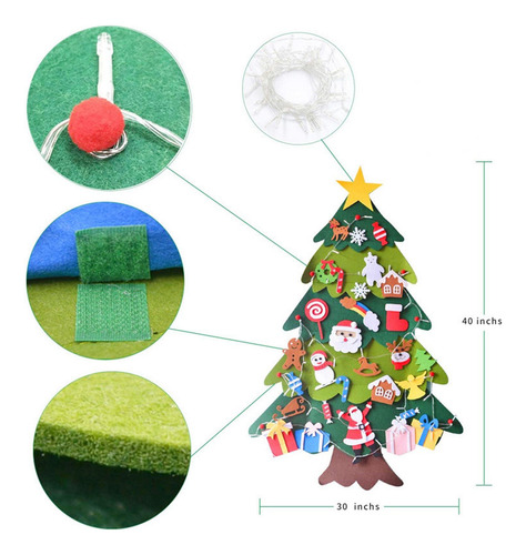 Felt Christmas .2 Ft Diy 30 Piezas + 2 M De Luces 70x98cm