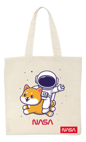 Bolsa Tote Bag Nasa Perro Astronauta Color Beige Diseño De La Tela Liso