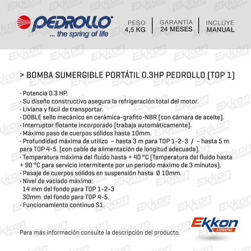 Imagen 2 de 6 de Bomba Sumergible Pedrollo 0.3hp Desagote Agua Portatil Top 1