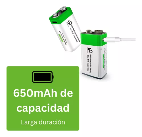 2 Pilas 9v Recargables Usb C 2600mwh Cuadrada Carga Rapida