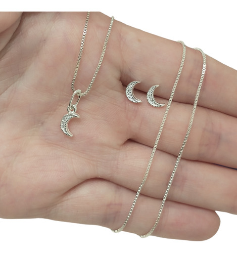 Conjunto Luna De Plata 925 Con Microcubics. Cadena Y Aros