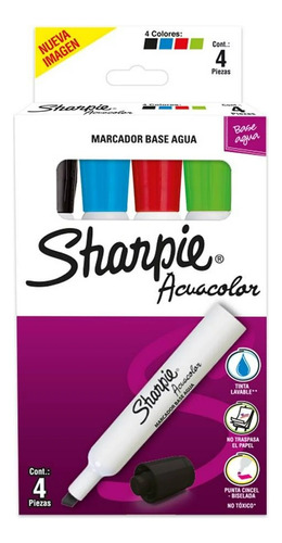 Marcador Sharpie Acuacolor Al Agua Punta Biselada X4 Colores