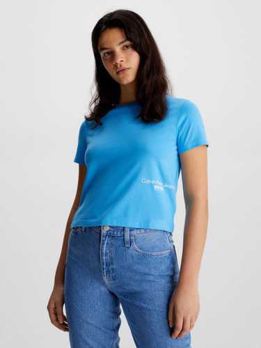 Camiseta Cropped Con Logo Celeste Calvin Klein