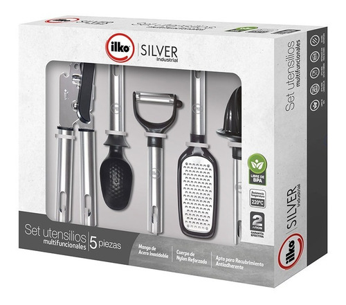 Imagen 2 de 9 de Set 5 Utensilios De Cocina Ilko Silver Industrial