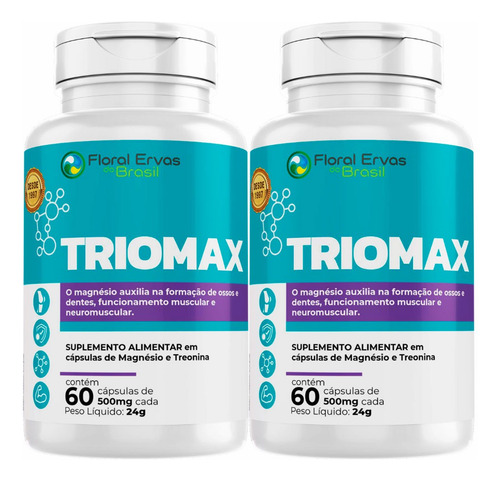 Triomax Treonina Magnésio - Kit 2x 60 Caps Cada / 2 Meses Sabor Sem Sabor