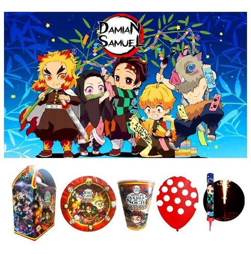 Demon Slayer Kit Fiesta 10 Niños Vasos Platos Vela Lona!