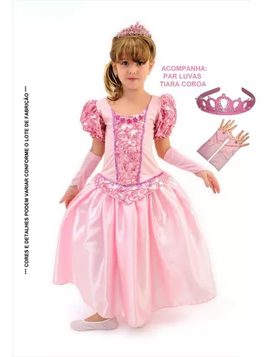 Vestido Fantasia Infantil Luxo Princesas Com Luva E Coroa