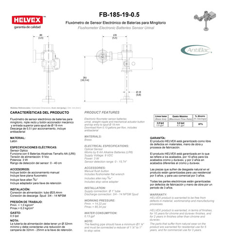 Fluxómetro De Sensor Para Mingitorio Fb-185-19-0.5 Helvex