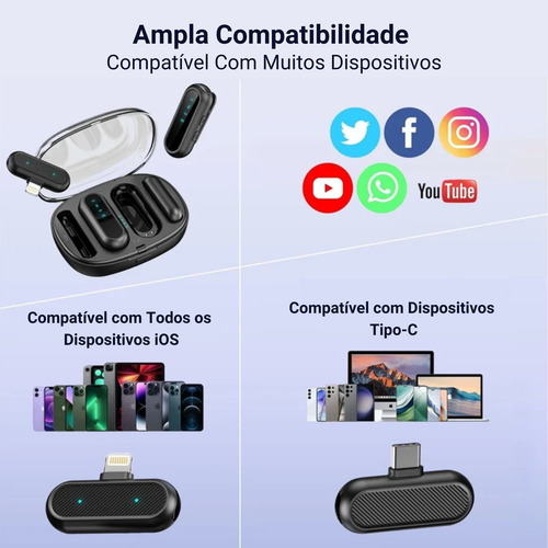 Microfone De Lapela Sem Fio Duplo Tipo-c E iPhone Som Profissional Com Modo Compartilhado Ou Independente Para Gravações Vídeos E Lives Com Áudio Limpo E Cancelamento De Ruído Plug Play Bateria Longa