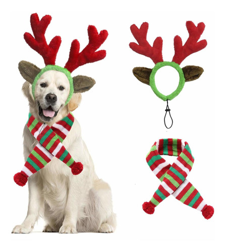 Perro Navidad Reno Elk Antlers Diadema Y Rojoblancoverd...