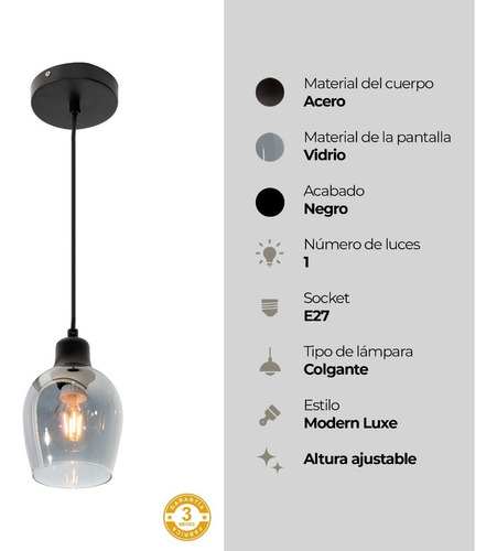Lámpara Colgante Moderna Negro Vidrio Ahumado 40w E27 1 Luz