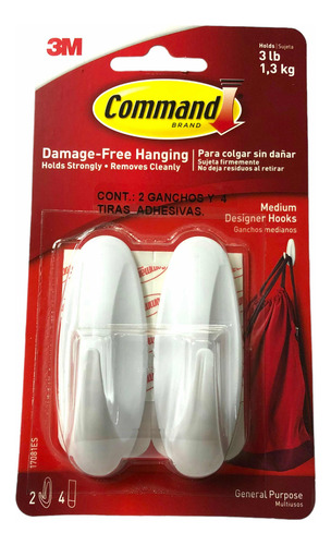 Pack 2x Gancho Mediano Multiusos 3m Command Cuelga Sin Dañar