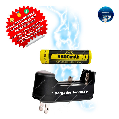 Cargador + Pila Recargable 18650 | Batería 3.7-4.2v 9800 Mha