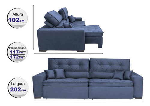 Sofá Austin 2,02m Retrátil, Reclinável com Molas no Assento e Almofadas, Suede Azul Cama inBox