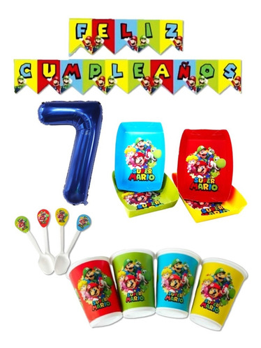Kit Decoracion Fiesta Super Mario Bros 12 Invitados + Numero