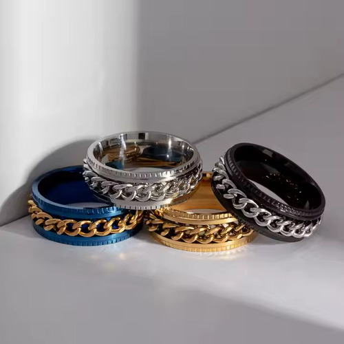 Anillo Anti Estrés De Acero Cadena Giratorio Unisex Ansiedad Plateado 6