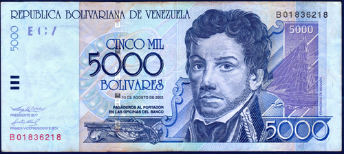 Billete 5000 Bolívares B8 Agosto 13 2002 Francisco D Miranda