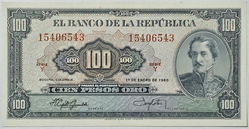 Billete 100 Pesos 01/ene/1960 Colombia Au