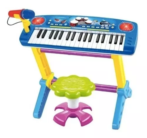 Piano Musical Infantil Microfone Banquinho Função Gravação