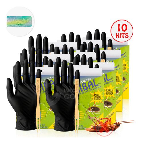 Kit 10 Mata Cucarachas Cannibal® Veneno Original Con Holograma De Autenticidad Exterminador Ecológico Con 10 Piezas De 80g. + Guante Y Aplicador