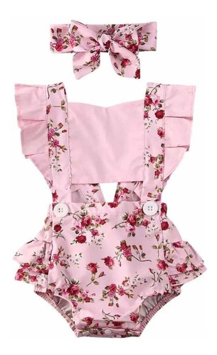 Conjunto Rosa Bebé Volantes De Flores Pañalero Niña 3 Piezas