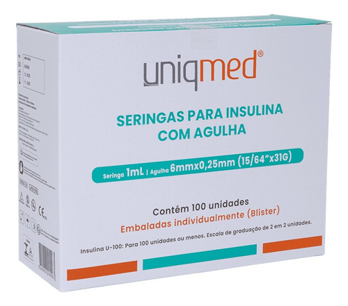 Seringa Para Insulina 1ml 6mm X 0,25mm 31g C/10 - Uniqmed Capacidade em volume 1 mL