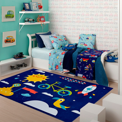 Tapete Infantil Antiderrapante Mix Masculino Menino 01 Pç Comprimento 1.4 M Cor Céu Azul Largura 1 M