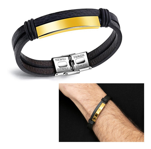 Pulsera Hombre Cuero Negro Con Placa Grabable