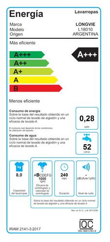 Imagen 7 de 7 de Lavarropas Longvie L18010 8kg 1000rpm