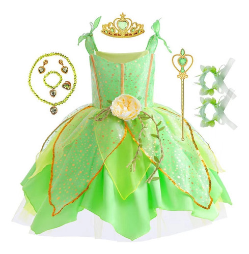 Vestido De Princesa Elfo Verde De Halloween, Tiana