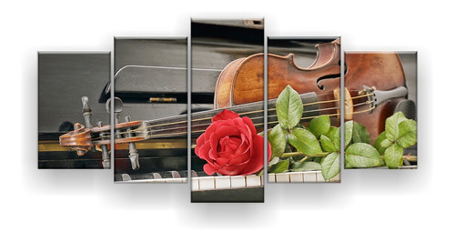 Quadro Decorativo Violino Teclado Rosa 129x61 5 Peças