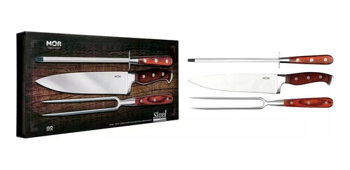 Imagem 2 de 5 de Kit Churrasco Sofisticado Faca Garfo Chaira Cabo Madeira Mor