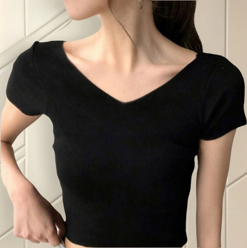 Camiseta Cuello V Doble Coreana Mc Ins For Mujeres Verano