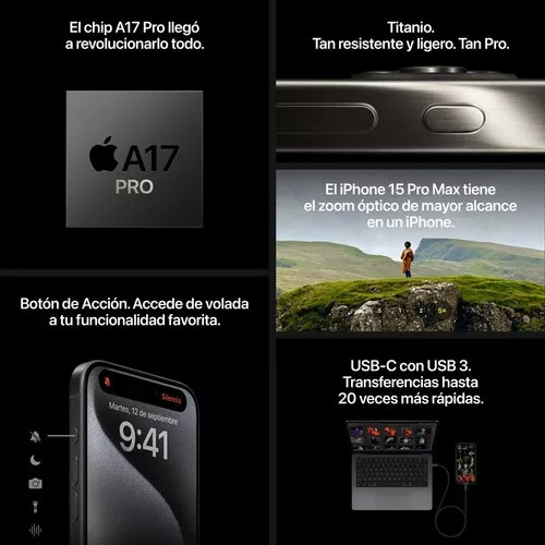 Apple iPhone 15 Pro Max 256 Gb Esim - Negro Titanio + Regalo (Reacondicionado)