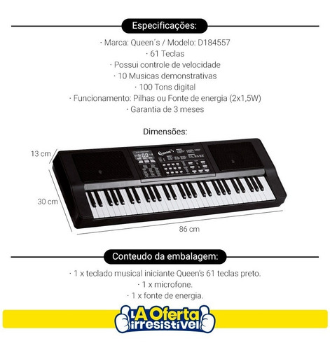 Imagem 6 de 8 de Teclado Musical Para Iniciantes Queens 61 Teclas 10 Musicas