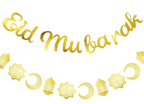 2 Pieza Eid Mubarak Banner Set Banderine Purpurina Dorada