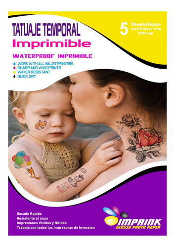 Tatuaje Temporal Imprimible Transparente A4/5 Hojas