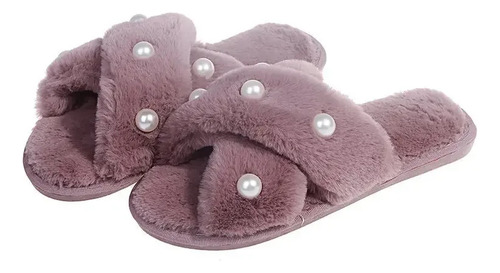 Zapatillas De Hogar Con Punta Abierta De Perlas De Felpa Par