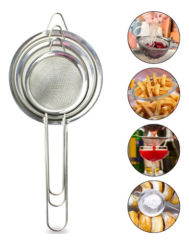Kit Peneira Inox De Aço Inoxidável Com 3 Tamanhos Escoar